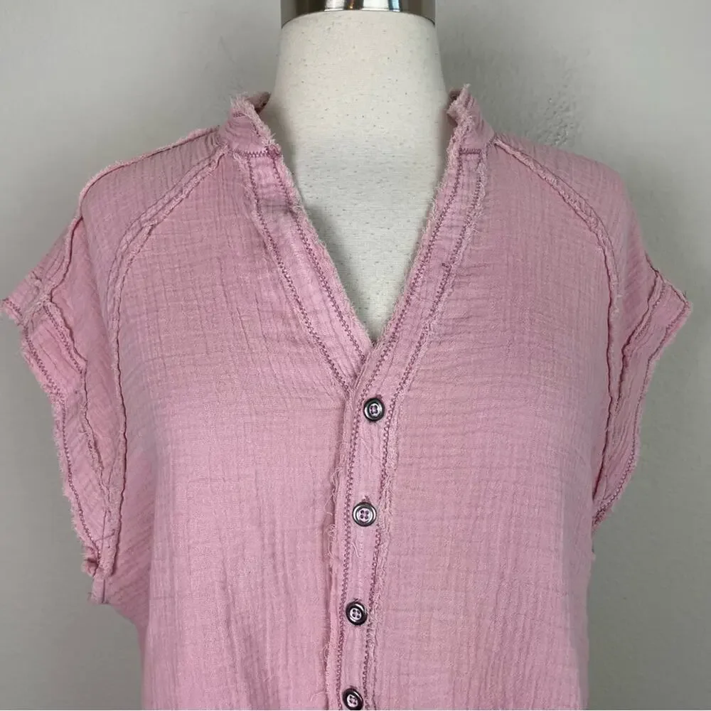 We the Free Pink Gauzy Cotton Button Short Sleeve Top XS